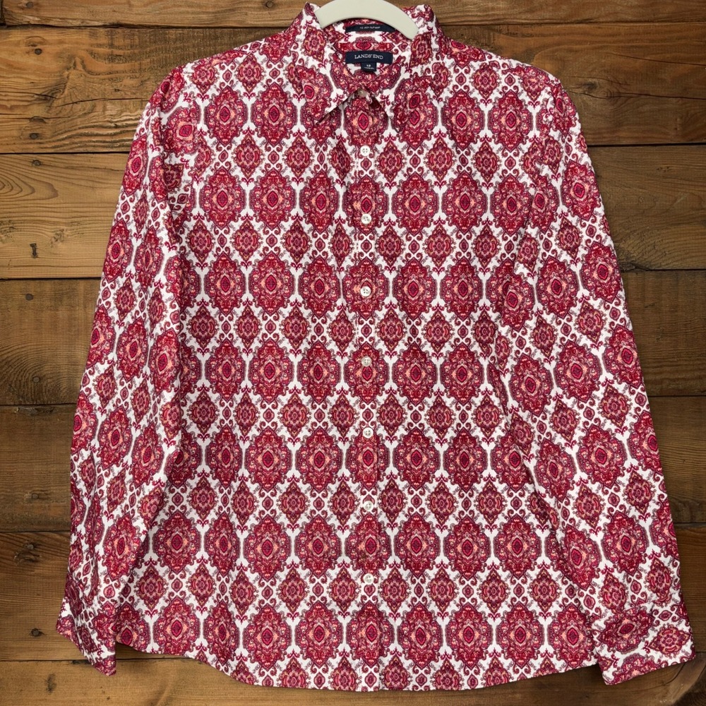 Lands End Supima Cotton Shirt Womens 12 Paisley No Iron Button Down Long Sleeve